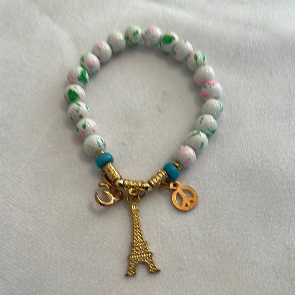 White and Gold Jewelry Bracelet with Eiffel Tower Charm
